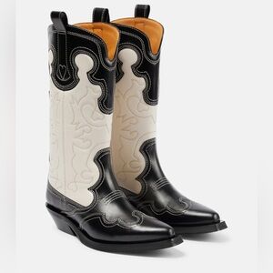 Ganni Cowboy Western Boots in Black/Egret EU37